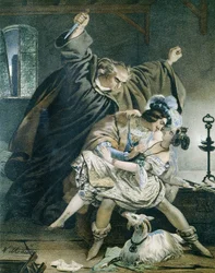 Esmeralda, Phoebus and Claude Frollo (Notre Dame de Paris) by Victor Hugo. Illustration by Nicolas Eustache Maurin (1799-1850) Private collection