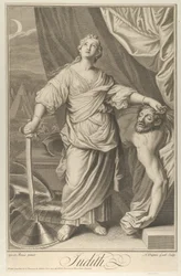 Judith standing and looking up, holding the head of Holofernes in her left hand