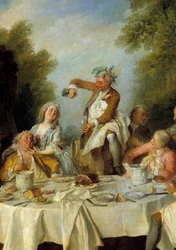 Ham Breakfast. Scene of a country banquet of the nobility around a ham. Detail. Painting by Nicolas Lancret (1690-1743), 1735. L. 1,8 x 1,2 m, Chantilly, Musée Condé