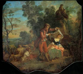 The shepherd indiscreet Bucolic Scene depicting a young shepherd lifting the veil under which a young shepherd is asleep (18th century)