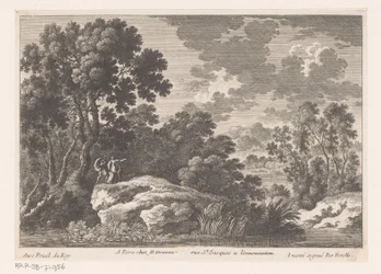 Landscape with Man, Woman, and Child on Rock by Pond