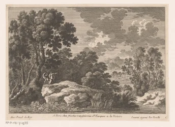 Landscape with Man, Woman, and Child on Rock by Pond