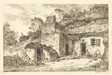 A Cottage with Two Men Seated at the Doorway