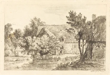 A House and a Shaded Cottage on the Banks of a River