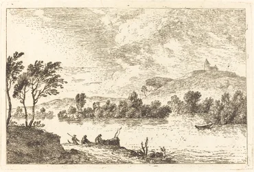 River Landscape with Figures and a Boat at Water