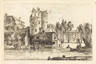 Town on a River Bank with Two Round Towers