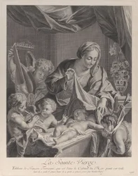 The Virgin holding a cloth above the sleeping Christ child, with musical angels, ca. 1729