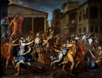 The removal of the sabines by the Romans. Romulus on the left observes the scene.