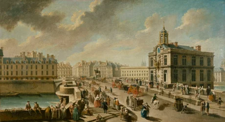 View of the Pont Neuf and the Samaritaine pump seen from the Quai de la Megisserie