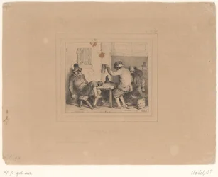 Three Drunken Farmers in a Tavern (title on object: Vive la joie) (series title: Sketches 1837, Croquis par Charlet 1837)