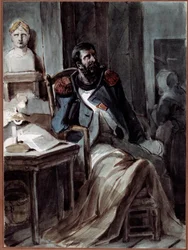 The Old Grognard. A former member of the guard of Napoleon I (1769-1821), infirm near a bust of the emperor. Drawing by Nicolas Toussaint Charlet (1792-1845), 5/05/1820. Rueil-Malmaison, Musée national des châteaux de Malmaison et Bois-Préau