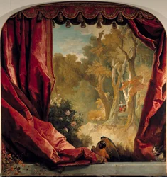Decorative composition with curtains, landscape and animals
