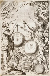 Tolomeo, Sitting Between Allegories of Argo and Astrea, Contemplates Diagrams of Cosmologies Drawn by Copernicus and Riccioli