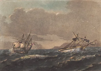 A Ship Clearing the Land, and a Brig, Drifting at Anchor, Wrecked on a Blind Rock