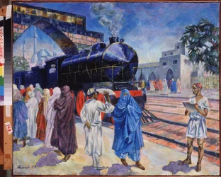 The First Train. In a Central Asian Station, with a Mosque in the Background, the Arrival of the Steam Train, Travelers on the Platform Heading to Board, Under the Watchful Eye of the Railway Employee.