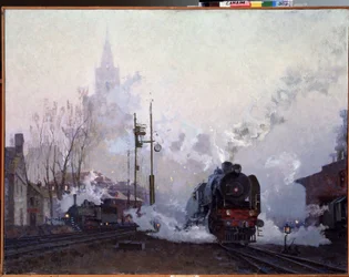 On the Way. Steam locomotives drown the urban landscape in the smoke from their chimneys