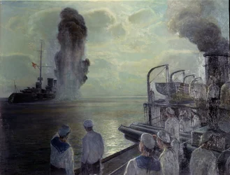Russian Revolution of 1917: the Russian Black Sea Fleet sinking its own ships on 18 June 1918. Painting by Nikolai Evlampievich Bublikov (1871-1942)