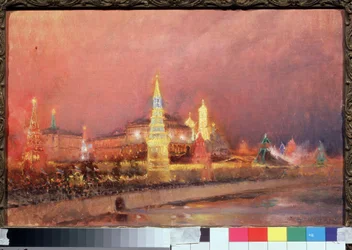 Illumination of the Moscow Kremlin. Cityscape with Russian flags and a crowd gathered on the quays along the Moskva, 1856-1900, 1896. Russian art