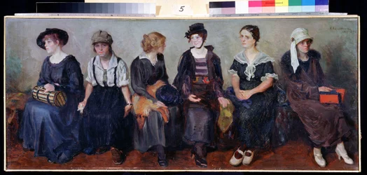 Theatre Troupe. Portraits of Six Young Women Sitting Next to Each Other with Varied Expressions. Painting by Nikolai Alexeyevich Kasatkin