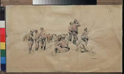 Rest of a Cavalry Unit. Work by Nikolai Semyonovich Samokish (1860-1944), c.1915. Russian Art, 20th Century. State United Art Museum, Kostroma (Russia)