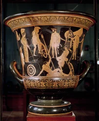 Attic red figure calyx krater depicting Hercules wearing a laurel wreath with Athena and other Greek heroes, c.450 BC