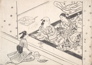 Lady Playing Shamisen, with Her Lover and Attendant Nearby