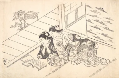 Two Women Reclining on the Floor of a Room and Reading a Book, ca. 1730
