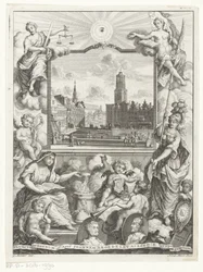 City View with Dom Church in Utrecht and Allegory with Utrecht City Maiden, Title Page for: Elias de Vries, Dissertatio Juridica, de Jure Naturali ac Gentium, seu Duobus Prioribus Juris Fontibus, 1745