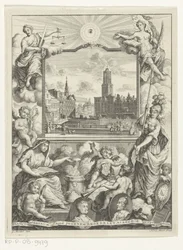 Cityscape with Dom Church in Utrecht and Allegory with Utrecht City Maiden (Title Page for: Elias de Vries, Dissertatio juridica, de jure naturali ac gentium, seu duobus prioribus juris fontibus, 1745)
