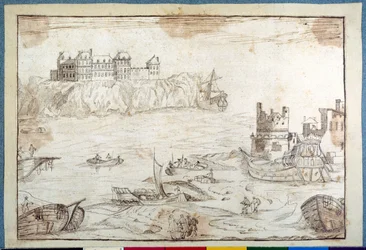 A Castle Surmounting Cliffs, with Studies of Galleons and Fishing Boats