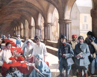 In The Cloister of the Abbaye at Royaumont. Dr. Frances Ivens inspecting a French patient
