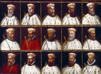 Coat of Arms of the Republic of Genoa and Portraits of the Doges: Gaspare Grimaldi Bracelli, Luca Spinola, Giacomo Promontorio, Agostino Pinello Ardimenti, Pietro Giovanni Chiavica, Girolamo Vivaldi, Paolo Battista Giudice, Battista Cicala Zoaglio