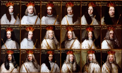 Coat of arms of the Republic of Genoa and portraits of the Doges. Giovanni Battista Cattaneo, Francesco Invrea, Negrone Bendinelli, Francesco Maria Sauli, Girolamo De Mari, Federico De Franchi, Antonio Cebà Grimaldi, Onorato Stefano Ferreti, Domenico De Ma