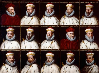 Coat of Arms of the Republic of Genoa and Portraits of the Doges - Silvestro Invrea, Gerolamo Assereto, Agostino Pinello Luciani, Alessandro Giustiniani Longo, Tomaso Spinola, Bernardo Clavarezza, Giovanni Giacomo Imperiale (Tartaro), Pietro Durazzo, Ambro