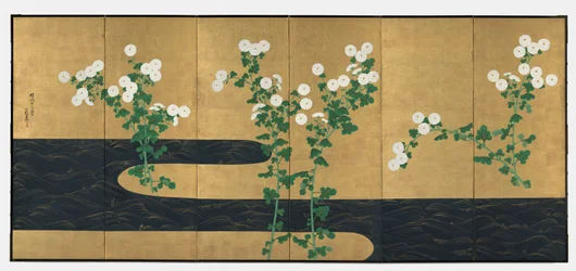 Chrysanthemums by a Stream, pair of six-panel folding screens