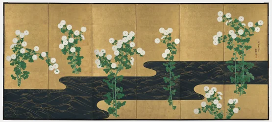 Chrysanthemums by a Stream, pair of six-panel folding screens