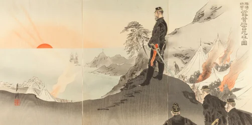 Picture of Officers and Men Worshiping the Rising Sun While Encamped in the Mountains of Port Arthur