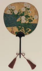 Fan; on one side Narihira and the pilgrim; on the other, chrysanthemums and a brook, Edo period, late 17th- early 18th century