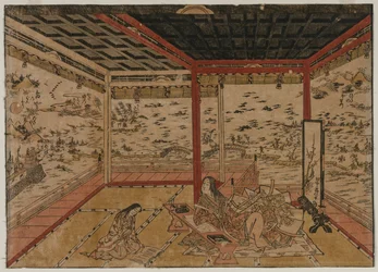 Lady Murasaki at Ishiyama Overlooking a Panorama with Seven Views of Lake Biwa, 1740s