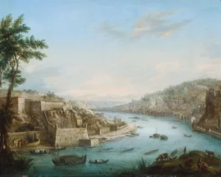 A view of a town on a river with shipping