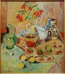 Still Life with Potted Plant and Jugs, Fruits and Pipe