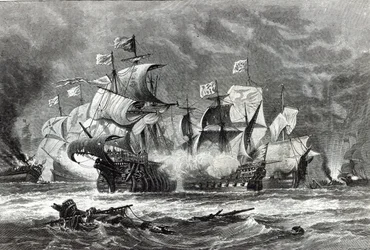 The Vanguard, under Sir William Winter, engaging the Spanish Armada, from 