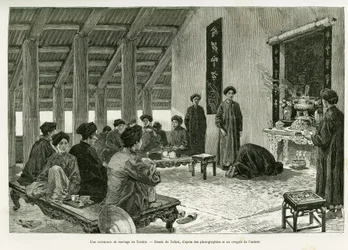 A wedding ceremony at Tonkin. Engraving to illustrate the story Trente mois au Tonkin, in 1884, by Dr Paul Hocquard, in le tour du monde 1890, under the direction of Edouard Charton, Hachette, Paris.