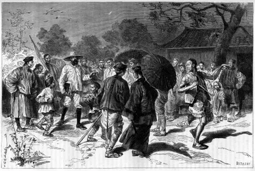 Dr. Piassetzky Travels to China, Always Accompanied by Chinese. Engraving after a Drawing by Tofani, in Le Tour du Monde, Nouveau journal des Voyages, Edited by Edouard Charton, Paris
