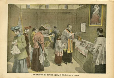 Illustration by Oswaldo Tofani (1849-1915) in Le Pelerin, 03/04/04 - The Benediction of Easter Eggs in Italy - Italy, Religion Faith, Easter, Catholic Catholicism - Egg