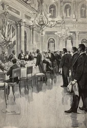 Italian Diplomats Toasting Together, Paris, France, Engraving from Drawing by Gennaro Amato, from Sketch by Osvaldo Tofani, from L