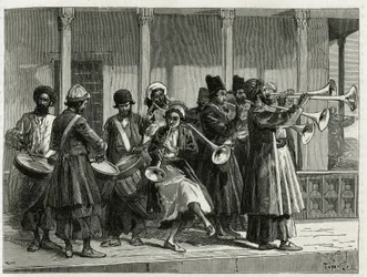 Musicians greeting the sunrise in Isfahan (or Isfahan, Iran city). Engraving by Tofani, to illustrate the story 