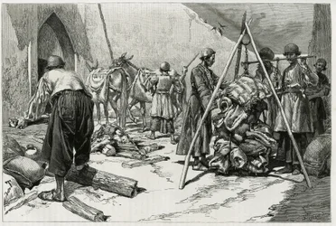 The weighing of the baggage before the departure of the Delafoy Bridal Expedition. Engraving by Tofani, to illustrate the story 