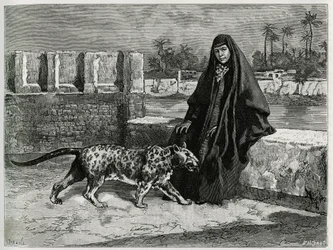 Torkan Khanoum, favourite of Sheikh Moses, powerful tribal leader of Arabistan, with her panther. Engraving by Tofani to illustrate the story “Persia, Chaldea and Susiana”