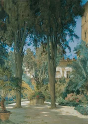 View of the Embassy in Rome: Garden Scene with Two Cypresses